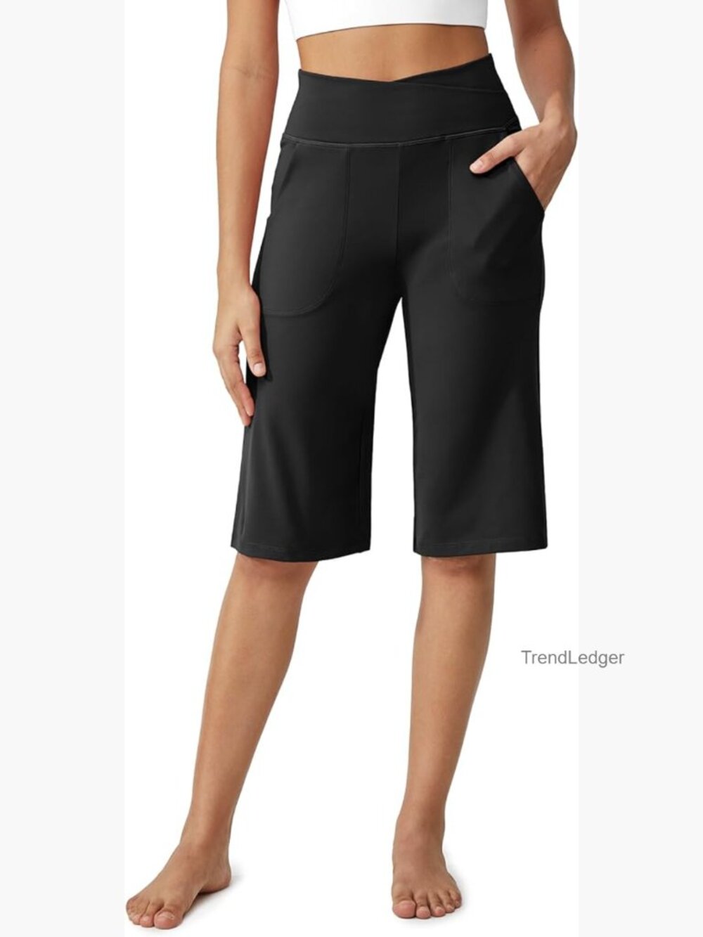 High Rise Wide Leg Yoga Capri Pants 14" Inseam Pockets